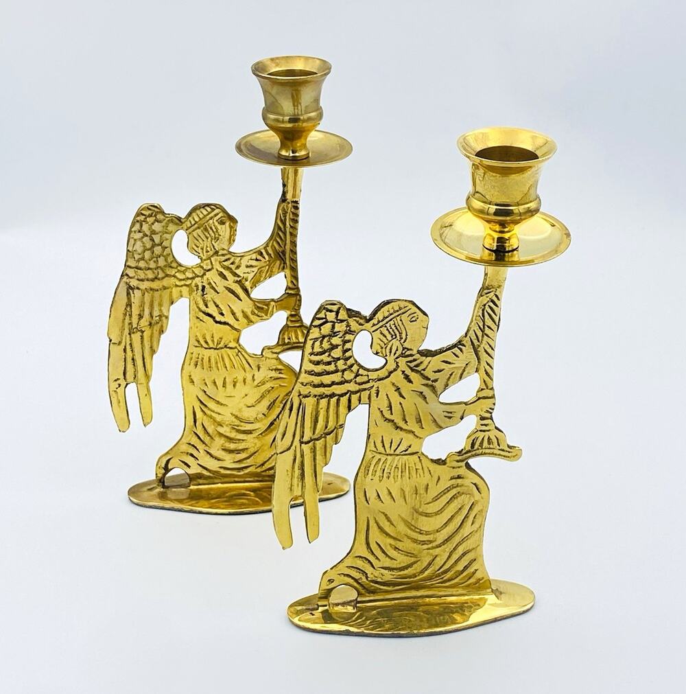 Vtg Brass Angel Candle Holders Pair 9 in Gold Religious Taper/Dinner Candles